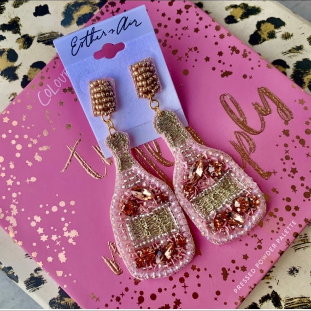Pink Wine Champagne Bottle Rhinestone Statement Earrings Felt Back